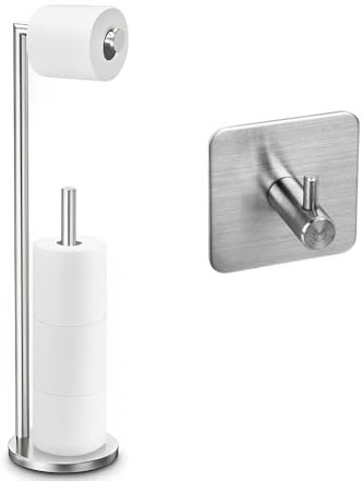 Freestanding Toilet Roll Holder with Towel Hook Roll Holder with Heavy Base. Stainless Steel Toilet Roll Holder Stand with Drawing Finish, Simple and Practical Toilet Roll Storage Dispenser