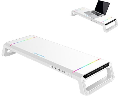 Computer Monitor Stand - Ergonomic Riser, Desktop Organizer with RGB Lights | 4 USB 3.0 Hub Ports, Multi-Purpose Printer Holder, Stable Stand for Laptops, Perfect for Office Desk Organization