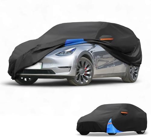 Partuto All-Weather Waterproof Car Cover - UV-Resistant Outdoor Full Exterior Protection for Tesla Model Y 2020-2024 210D-PU Black Blue with Right Side Zipper