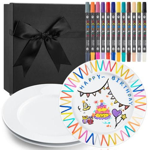 Sinmoe DIY Keramik Bemalen Set 3 Keramikplatte Weiß Servierplatte Salatteller 12 Porzellanstifte Spülmaschinenfest Keramikstifte Geschenkbox für Paar Familie Abitur Lehrer (Breite Kante Rund, 8 Zoll)