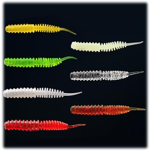 UENXRXE 70 Stück Gummiköder Worm, Angeln Flexibler, Uv-Aktiver Forellenköder Mit Knoblaucharoma,6Cm Langlebiger Gummiköder, Angelzubehör, Forellenköder, Gummifisch, Barschköder(7Form)