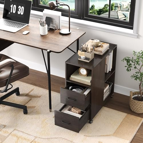 HOCSOK Rollcontainer, Aktenschrank mit Schublade und Fächern, Büroschrank Lagerschrank, Beistelltisch Für Wohnzimmer, Schlafzimmer und Büro, Dunkelbraun