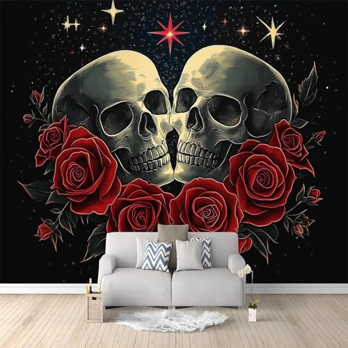 3D Fantasy Style Skull Red Roses Photo Wallpaper Mural Black Non-Woven Wall Murals Decoration Poster for Living Room, Bedroom 250 x 175 cm Art Photo Wallpaper 3D Effect