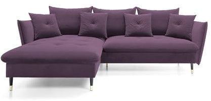 DomoHome Ecksofa Glam mit Schlaffunktion, Freistehend, Ottomane und Goldenen Füßen – Samtsofa im Glamour-Stil für Ihr Wohnzimmer, mit Zierkissen, 258x167x91cm, Linke Seite LILA