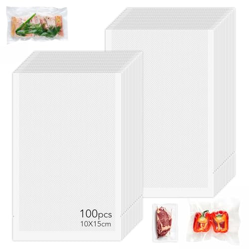Vakuumierbeutel，100 Beutel 10x15cm Vakuumier Beutel Vakuumbeutel für Lebensmittel，Profi-Folienbeutel，für alle Vakuumierer & Lebensmittel Vakuumiergerät, Kochfest und Sous Vide Gefrierbeutel