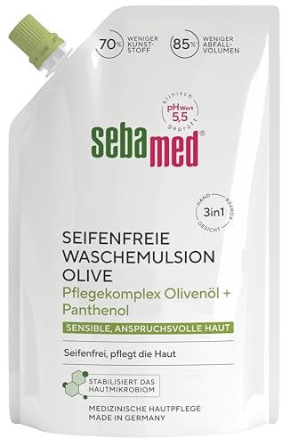 Sebamed seifenfreie Waschemulsion Olive Nachfüllbeutel 400 ml, Pflegekomplex mit Olivenöl und Panthenol, seifenfreie Reinigung für sensible Haut, zur Hand-, Gesichts- und Körperreinigung geeignet