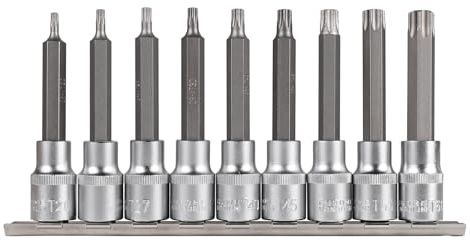 CPROSP 9 Pcs Douille Torx 1/2'' (12,5mm), Set Long Douille Torx avec Rail Enfichable, Extra Longues 100mm, Acier CV, T20, T25, T27, T30, T40, T45, T50, T55, T60
