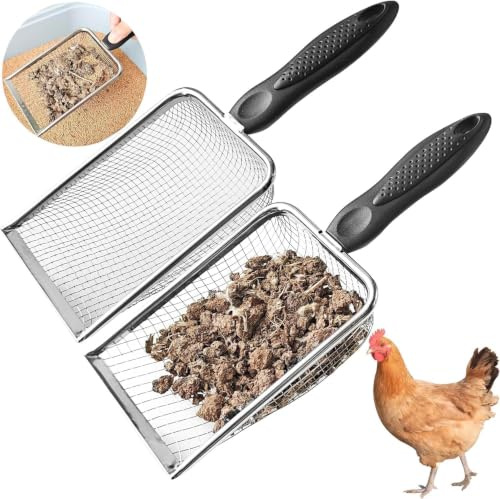 2 palas para excrementos de pollo, con malla de 3,8 mm y 5 mm, accesorios para gallinero, adecuado para limpiar excrementos de gatos y pollos