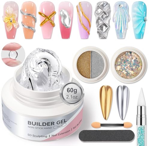 BORN PRETTY Solid Builder Nail Gel Kit - 60g Large Capacity Clear 3D Nail Gels Sculpting Gel for Art Non-Sticky Hand Carving Glue Extension with Sequins Chrome Powder DIY Salon Home