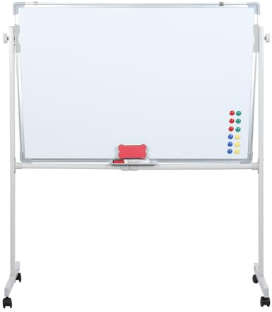 Rolling Whiteboard, 60x90cm, Mobile Double-Sided Magnetic Whiteboard with Height Adjustable Stand, Portable Dry Erase Board with Markers, Pen Tray & Magnetic Accessories (White)