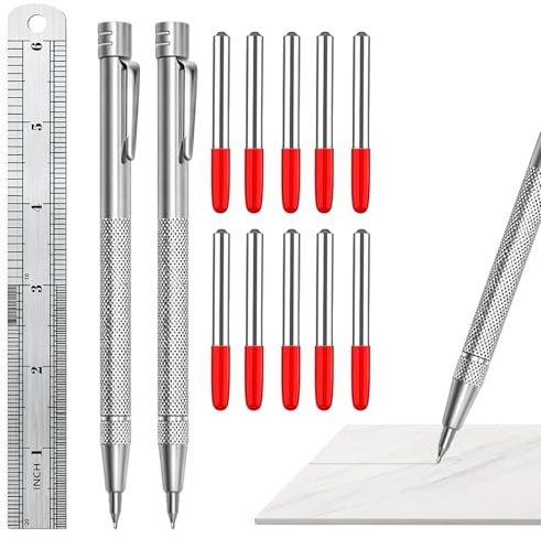 Sariputa 13 Stück Anreissnadel Set, 2 Anreissnadel aus Wolframstahl mit 10 Ersatzspitzen und 15cm Stahllineal, zum Anreißen und Gravieren von Metall Glas Keramikfliesen