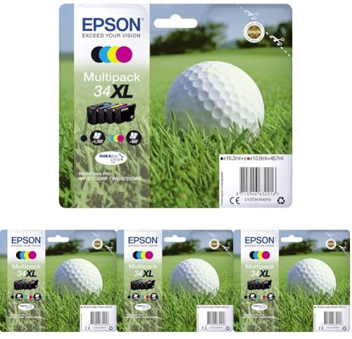Epson Original Golfball DURABrite 34XL Multipack extra große Tintenpatrone – 4 Farben: Patronen: Schwarz, Cyan, Magenta, Gelb – 1 x 16,3 ml, 3 x 10,8 ml (Packung mit 4)
