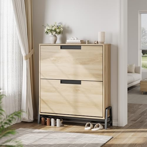 GarveeHome Freistehend Schuhschrank Mit 2 Klapptüren, Hohe Flurschrank Mit Metallfüßen Und Verstellbaren Einlegeböden, Für Flur Und Wohnzimmer, 80 x 23 x 94 cm