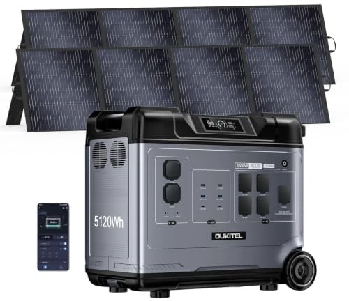 OUKITEL P5000 PLUS 3600W Tragbare Powerstation 5120Wh Solargenerator | 5×3600W AC (7200W Spitze), LiFePO₄-Akku mit 2x200W Solarpanel, 1.2 Std Schnellladung,<10ms USV, für Camping und Stromausfälle