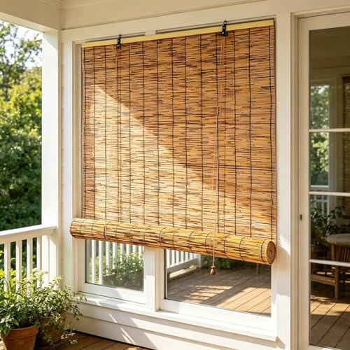 Bambusrollo 90 100 120 140 160cm Breit Bambus Rollo Jalousine Wetterfest Sonnenschutz Rollo Schilf Vorhang Mit Heber Bambus Sichtschutz Bambus Rollos Für Fenster Balkon Küche Garten(W120cmxL140cm)