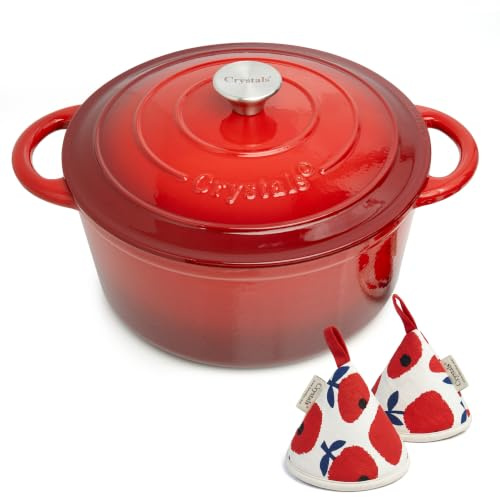 Crystals 6.6L Enamelled Cast Iron Dutch Oven Casserole Pot Cherry Red | Includes Pot Holders, Oven-Safe, Heavy Duty, Roasting & Braising, Round with Lid