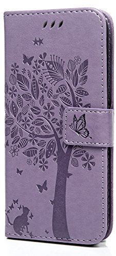 Samsung Galaxy J6 Case, Shockproof PU Leather Flip Wallet Case Embossed Tree & Cat with Kickstand Card Holder Folio TPU Bumper Magnetic Protective Phone Skin Cover for Samsung Galaxy J6 Light Purple