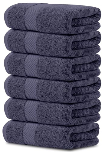 White Classic Luxury Hand Towels | Cotton Hotel spa Bathroom Towel | 16x30 | 6 Pack | Navy Blue