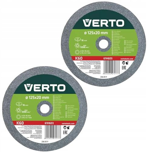VERTO Schleifscheiben 125 x 20/16/12.7 Dick: 16 mm - 2 Stück, inkl. Untersetzungen, passend für verschiedene Schleifmaschinen, Körnung K60, 2 Scheiben inkl., Scheiben zum Metallschleifen