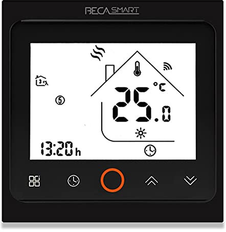 BecaSmart Series 002 Termostato Inteligente Wi-Fi 3A Pantalla Táctil LCD Calentamiento de Caldera Control de Programación Inteligente con Conexión WiFi (Calentador de Calderas, Negro)