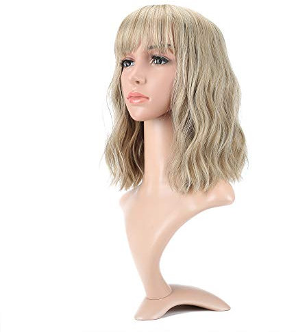 VCKOVCKO Wellenförmige Perücke kurze Bob Perücken mit Pony schulterlange lockige gewellte synthetische Cosplay Perücke Pastell Bob Perücke für Mädchen bunte Kostüm Perücken (12,Blond Mischen)