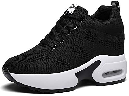 AONEGOLD Zapatillas Deportivas Cuña para Mujer Transpirables Zapatos Wedge Sneakers Tacón Cuña 8CM(Negro,38 EU)