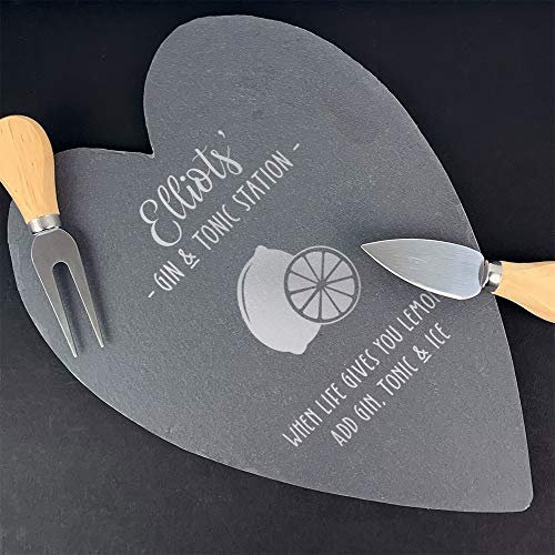 eBuyGB Personalised Slate Gin & Tonic Heart Chopping Board Gift, G & T Station, Serving Board, Laser Engraved Chopping Block, Cheeseboard