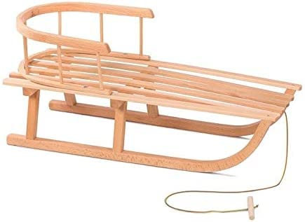 Holzschlitten aus Buchenholz mit Rückenlehne und Zugseil für Kinder inkl. Rückenlehne und Zugseil, Schlitten Rodelschlitten