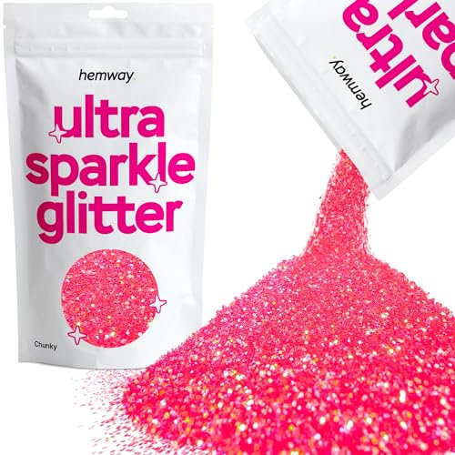 Hemway Ultra Sparkle Glitter - Fluorescent Pink | Chunky Metallic Flakes for Resin & Epoxy Crafts | Supplies for Tumblers, Festival, Hair, Face, Body, Eye & Nail Art Decoration | 100 g