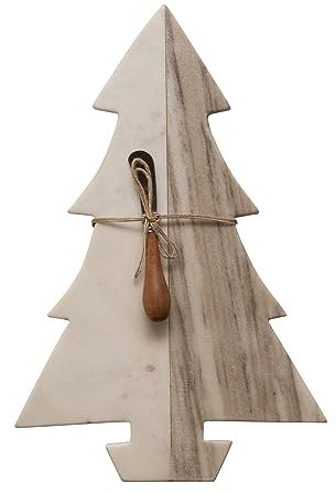 Creative Co-Op 16 L x 10-1/2W Marble Tree w/Wood Canape Knife, White and Buff Color, Set of 2 Cheese and Cutting Boards, Multi
