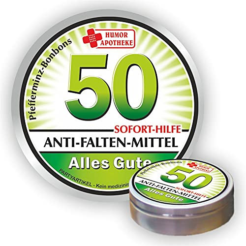 Pfefferminz Bonbon Metalldose - Zum 50. Geburtstag, Anti Falten Mittel Alles Gute - Soforthilfe | Humorapotheke Spaßmedizin Humormedizin | Pfefferminzdragees | Dose Blechdose Pillendose