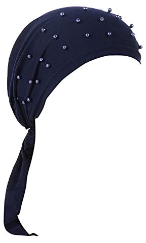 Zhiyao Damen Perlen Indien Einfarbig Perlen Hut Muslimischen Bambus Chemo Kopftuch Frauen Ruffle Hüte Krebs Chemo Beanie Kappe Schal Turban Mützen Wrap Kopftuch Cap, Einheitsgröße, Marine