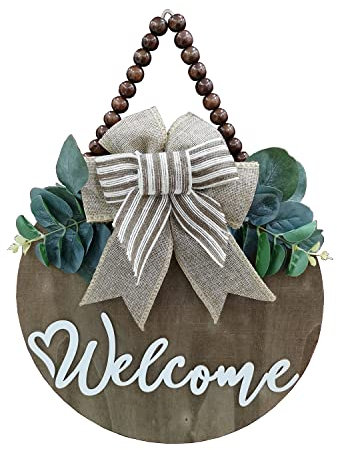 Condorpasea Señal de bienvenida en 3D para puerta delantera | Decoración de porche de casa o granja con hojas artificiales y cuentas rústicas | aula de Navidad | redonda de 30,5 cm