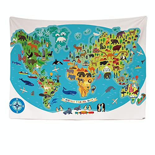 Ulticool - Weltkarte Tiere Natur – Wandteppich – 200 x 150 cm Poster Dekoration – Geschenk für Mädchen Jungen – Dekoration – Steppdecke – Teppich – Leinwand – Malerei – Zubehör Wandteppich