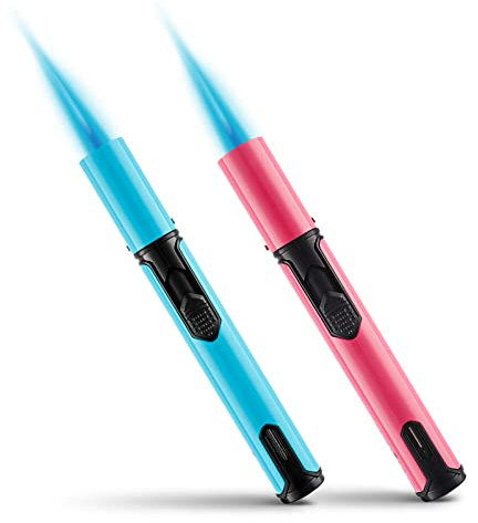 Urgrette Accendino butano a torcia da 15,2 cm, ricaricabile, con fiamma a getto regolabile, butano, accendino per barbecue, candela campeggio (gas non incluso) Blu acqua e rosa pesca