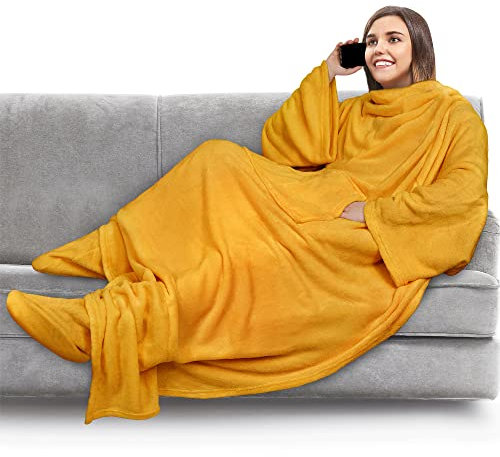 PAVILIA Fleece Blanket with Sleeves, Foot Pockets for Women Men Adults, Plush Wearable Blanket Throw Wrap, Warm Snuggle Blanket Robe, Cozy Gift Ideas Wife Mom, Mustard Yellow
