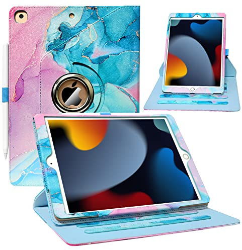 ZoneFoker Case for iPad 9th/8th/7th Generation, iPad 10.2 inch Case 2021/2020/2019, 360 Degree Rotating Stand, iPad 9 8 7 Gen 10.2 Leather Cover with Pocket Design & Pencil Holder, Marble Teal Pink