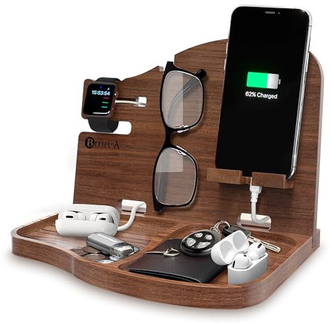 BarvA Wood Docking Station Nightstand Organizer Phone Wallet Watch Stand Key Holder Bed Caddy Charging Dock Desk Accessories Bedside Caddy Birthday Gifts for Men Home Organization Side Table