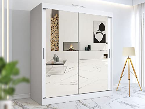 RAC3 Race to Road Stylish Bedroom Sliding Wardrobe with LED Light - Ample Storage Space and Sleek Design comes in White/Grey/Black/Oak and Width 100cm/120cm/150cm/180cm/203cm/250cm (White, 180cm)