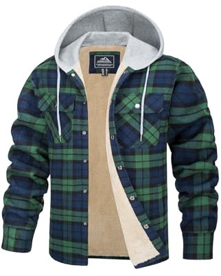TACVASEN Herren Fleecejacke Fleecefutter Langarm Gefüttert Warm Hemden Winter Kapuzenjacke Hemdjacke mit Taschen (L, Grün)