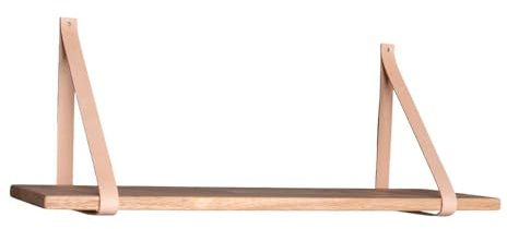 Naturholzwandregal mit 120 x 20 cm braunen Lederriemen
