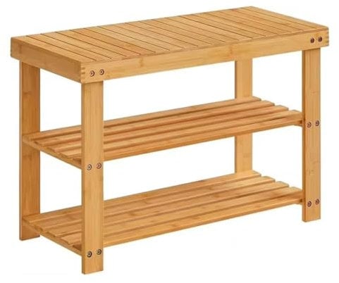 HOMION Shoe Rack 3 Tier Shoe Rack Bench Storage Organiser Large 90 x 27 x 42.5cm Bamboo Wood