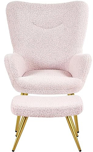 Abician Fauteuil avec Repose-Pieds en Tissu Bouclé Pieds en Métal Dorés Fauteuil de Salon avec Pouf Chaise de Relaxation à Haut Dossier Enveloppant Rose