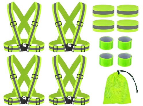Hitopin 4PCS Reflektierende Warnweste Einstellbar, 4PCS Reflektierendes Armbands, 4PCS Reflektorbänder Schnapparmbänder Con Netzbeutel, Reflektorbänder Warnweste, Reflektierende Sicherheitsweste Set
