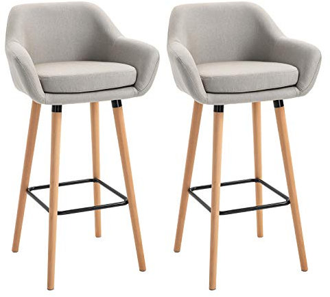 HOMCOM Barhocker 2er Set, Barstuhl mit Sitzkissen, Holzbeine, Rückenlehne und Armlehnen, Küchenstühle mit Fußstütze aus Holz, Tresenhocker für Küche, Wohnzimmer, Esszimmer, Leinenoptik, Beige