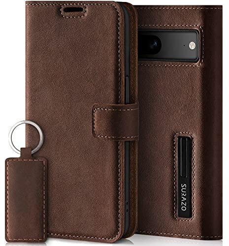 SURAZO Étui de Protection en Cuir pour Google Pixel 8 - Pliable - en Cuir véritable - avec Aimant, Compartiment pour Cartes, Protection RFID, Fonction Support - Étui à Rabat en Cuir (Marron Noix)