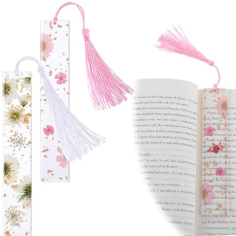 Dimeho 2er-Pack Lesezeichen mit Quasten Lesezeichen mit getrockneten Blumen durchsichtige Lesezeichen mit gepressten Blumen langlebig handgefertigt niedliches Markierungszubehör für Bücher Geschenk