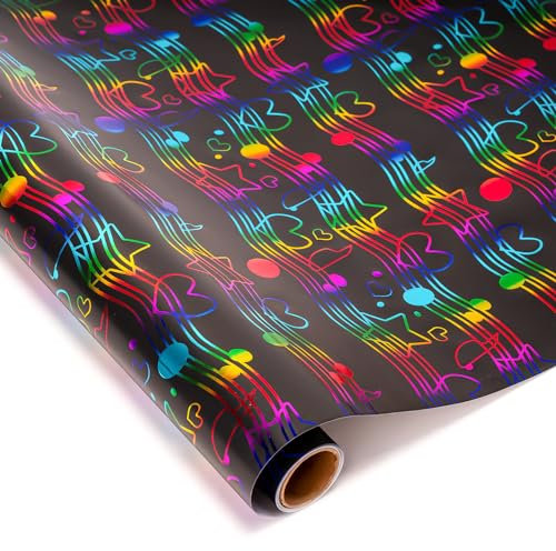 Larcenciel Geschenkpapier Rolle, Regenbogen Metallic Glitzer Geschenkpapier Schwarz, Cooles Springende Noten Geschenk Papier, Seidiges Geschenkverpackung für Geburtstage, Ferien, Jubiläen, 3mx43cm