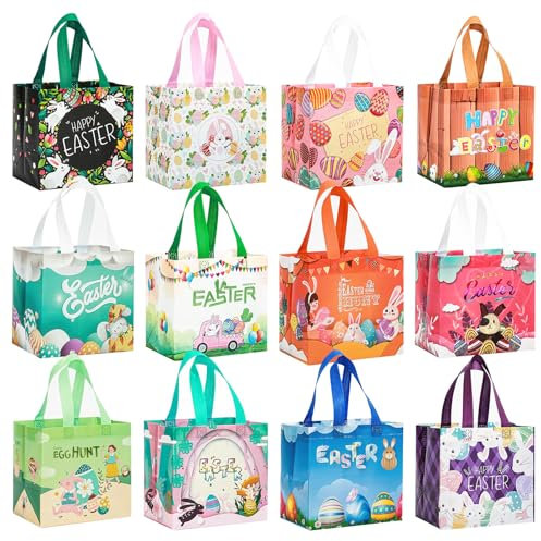 FIHIDONE 12 Stück Osterkörbchen,20.3x15.5x20.5cm Osterkörbchen, Ostereiersuche-Taschen Vliesstoffe,Geschenktüte Osterhase Multifunktional für Eiersuche,Partyzubehör