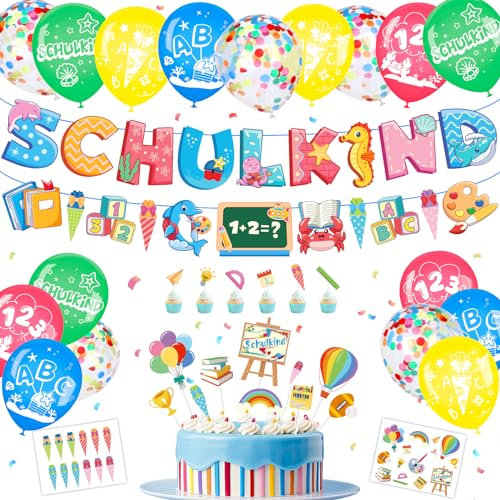 Elidepe Einschulung Deko Set für Mädchen und Jungen - Unterwasserwelt Schulanfang Dekoration mit SCHULKIND Banner, Zuckertüte, Luftballons, Tortendeko und Papierstücke